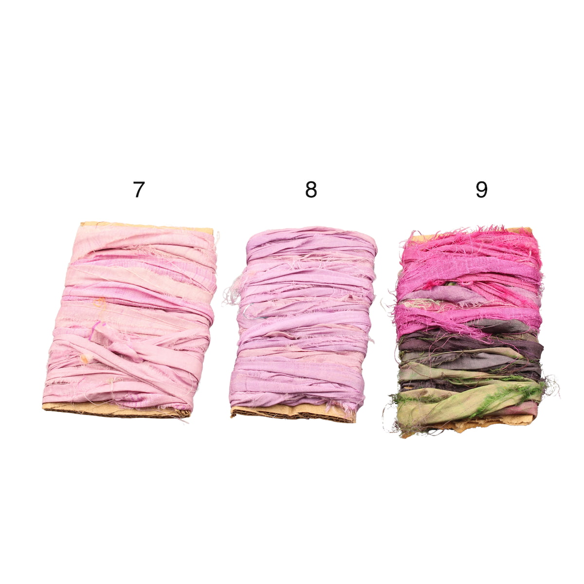 Purple sari silk ribbons with slight green tinge in the shades