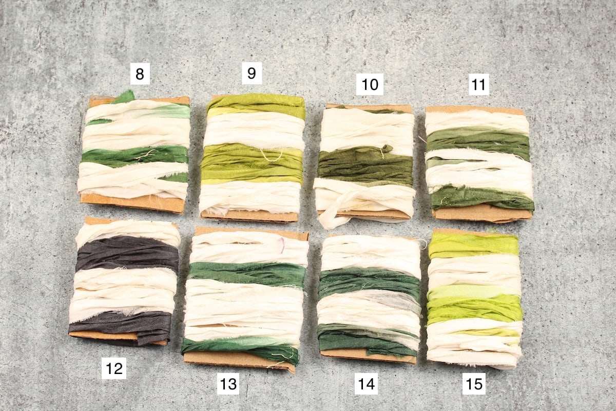 Dip dye sari silk ribbons in ivory and green tones, assorted hand-dyed shades