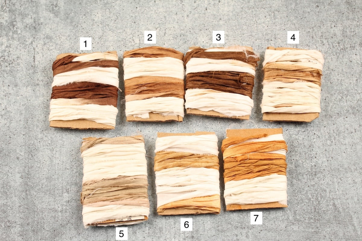 Dip dye sari silk ribbons in ivory and brown tones, hand-dyed shades