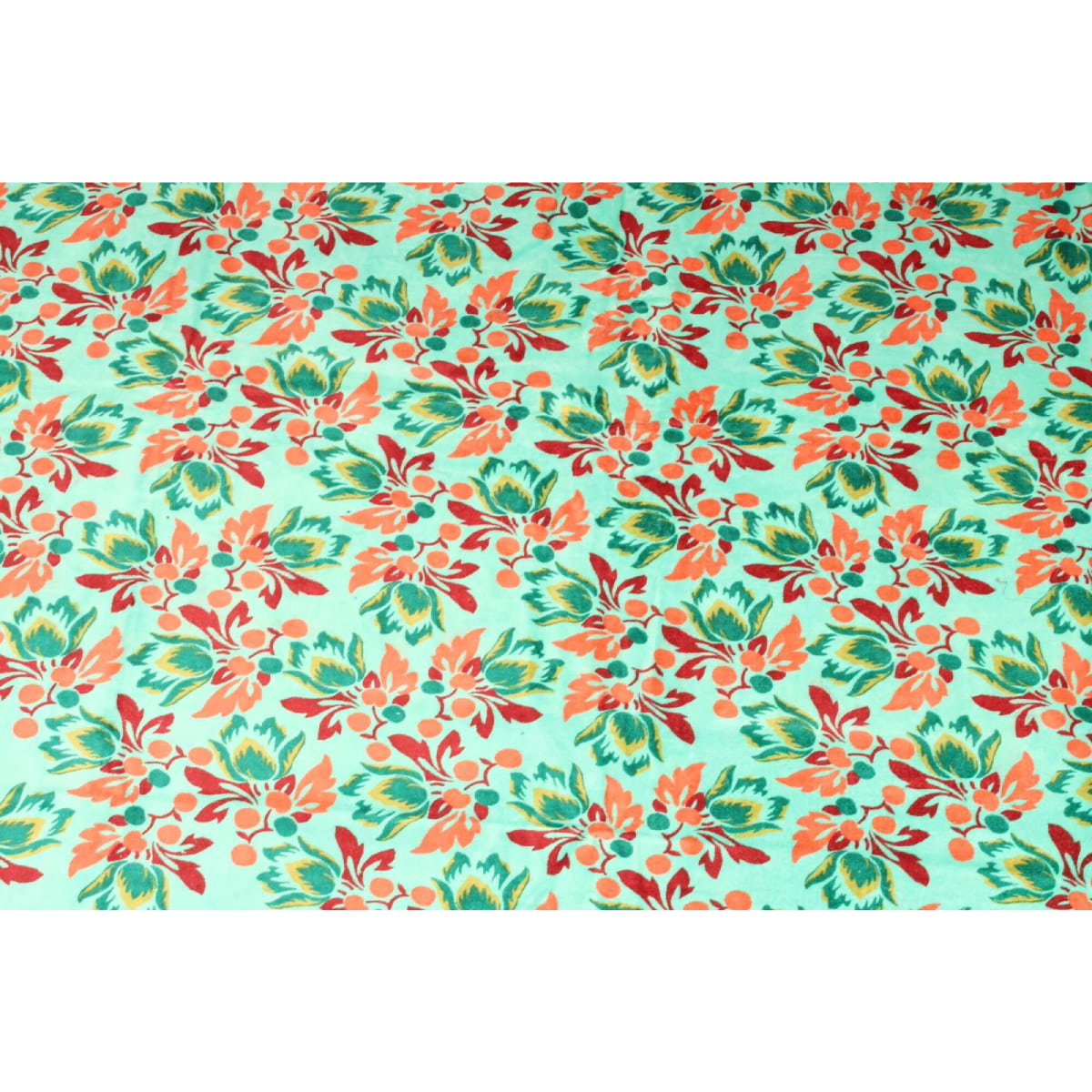 Hand-printed green cotton velvet with red and orange floral design – flatlay view