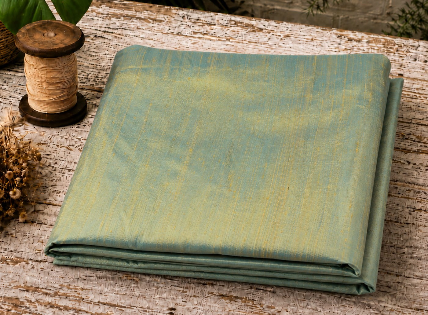 Aqua Gold Dupion Silk Fabric folded to showcase its soft aqua-blue colour, subtle golden iridescence, natural silk texture, and lustrous sheen