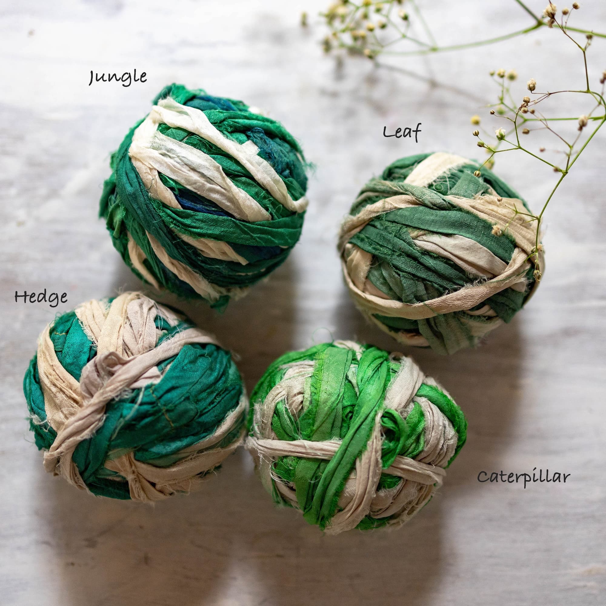 Assorted green silk silk ribbon in a soft earthy shade, hand-dyed for rustic and modern decor.
