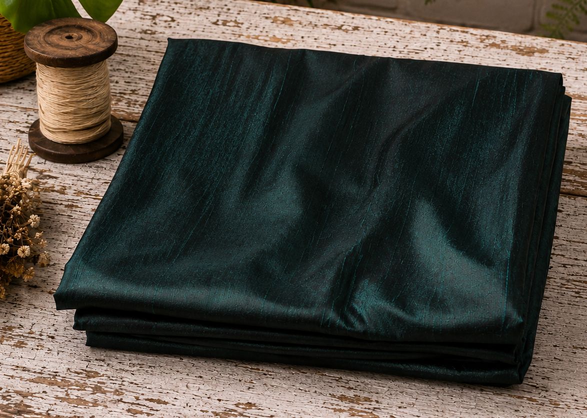 Folded Black Emerald dupion silk fabric with deep black and emerald green iridescent finish