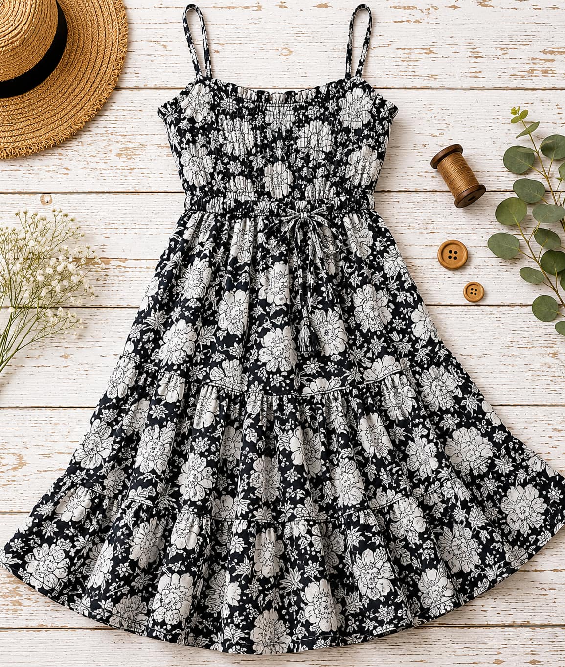 Black and white floral block printed cotton fabric shown as a dressmaking project