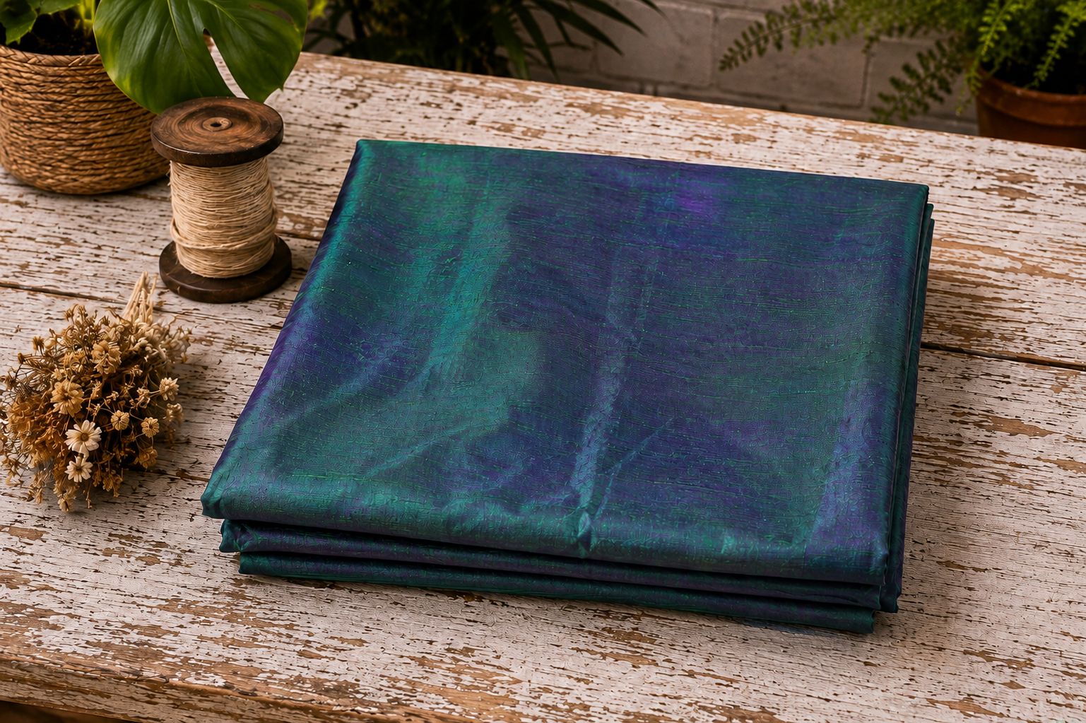 Peacock Lagoon dupion silk fabric folded on a tabletop showing peacock blue and emerald green iridescent raw silk