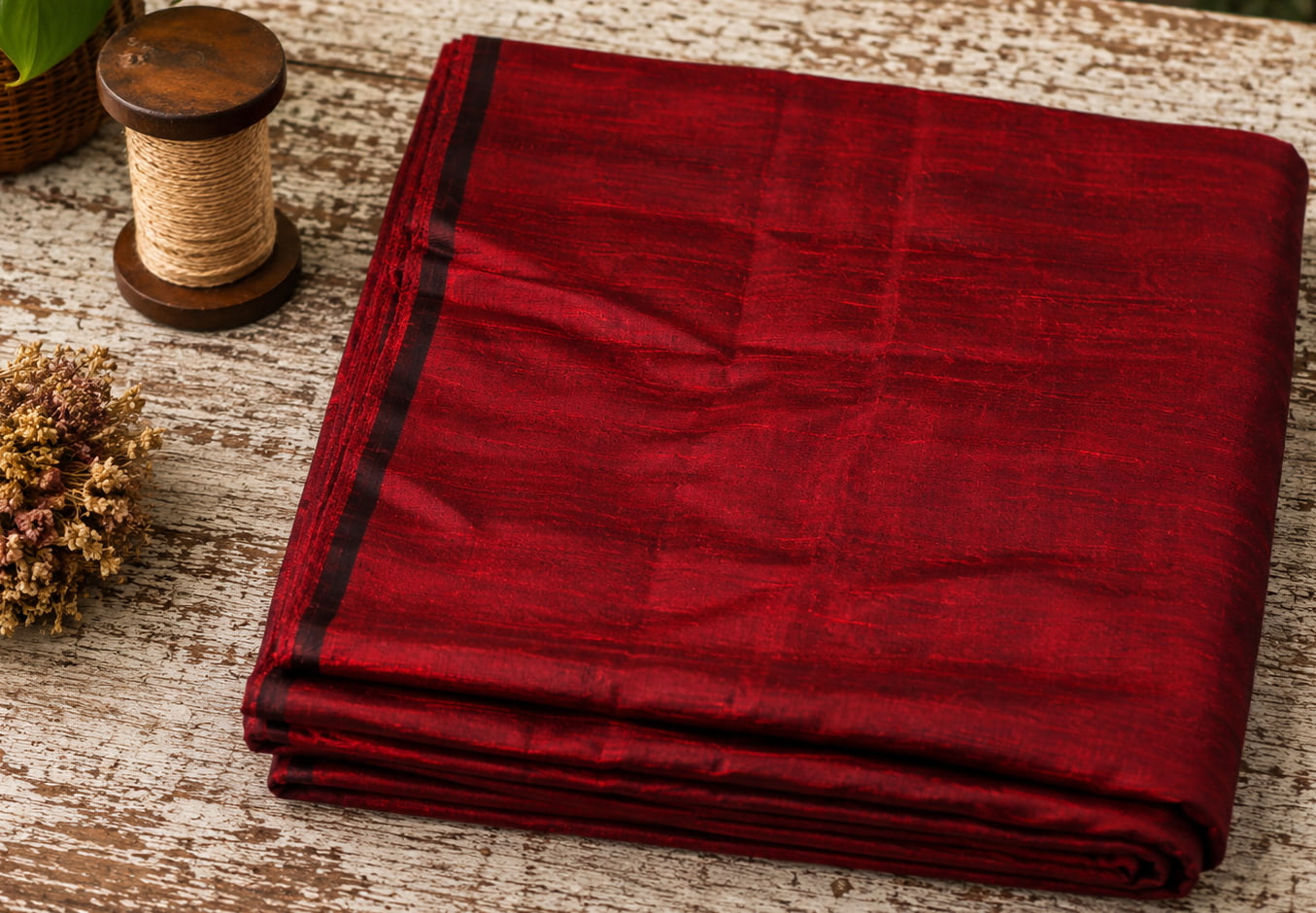 Bordeaux Red Dupion Silk Fabric folded to showcase its rich wine-red colour, natural silk texture, and elegant sheen