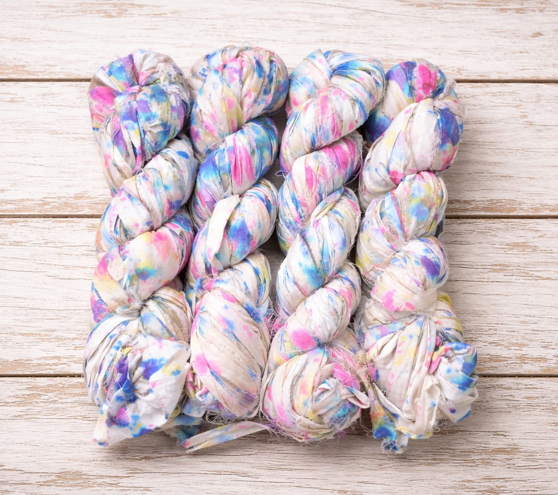 Cotton Candy Confetti recycled sari silk ribbon yarn skeins with pink, blue and pastel splashes