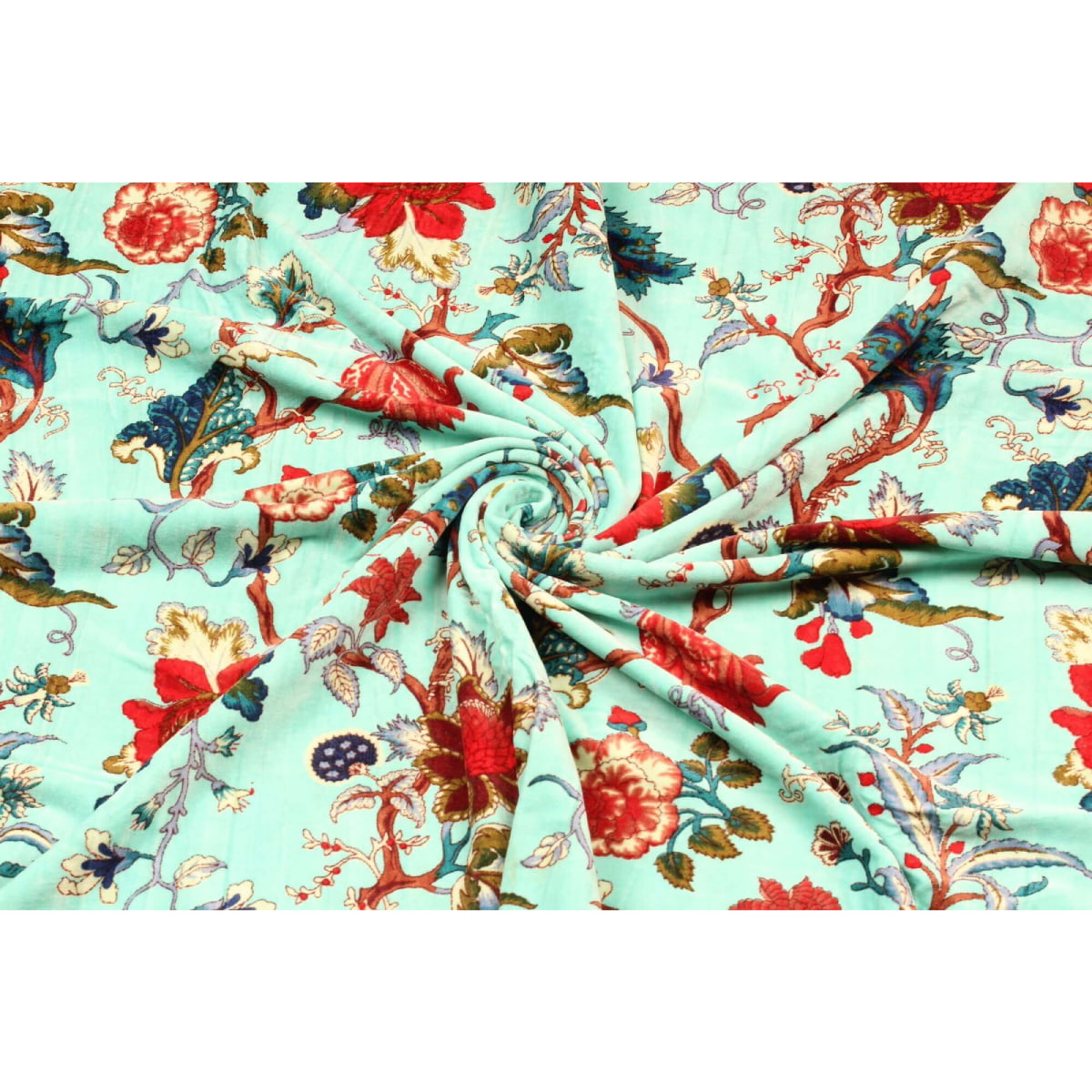 Folded turquoise velvet showing soft texture and floral detail