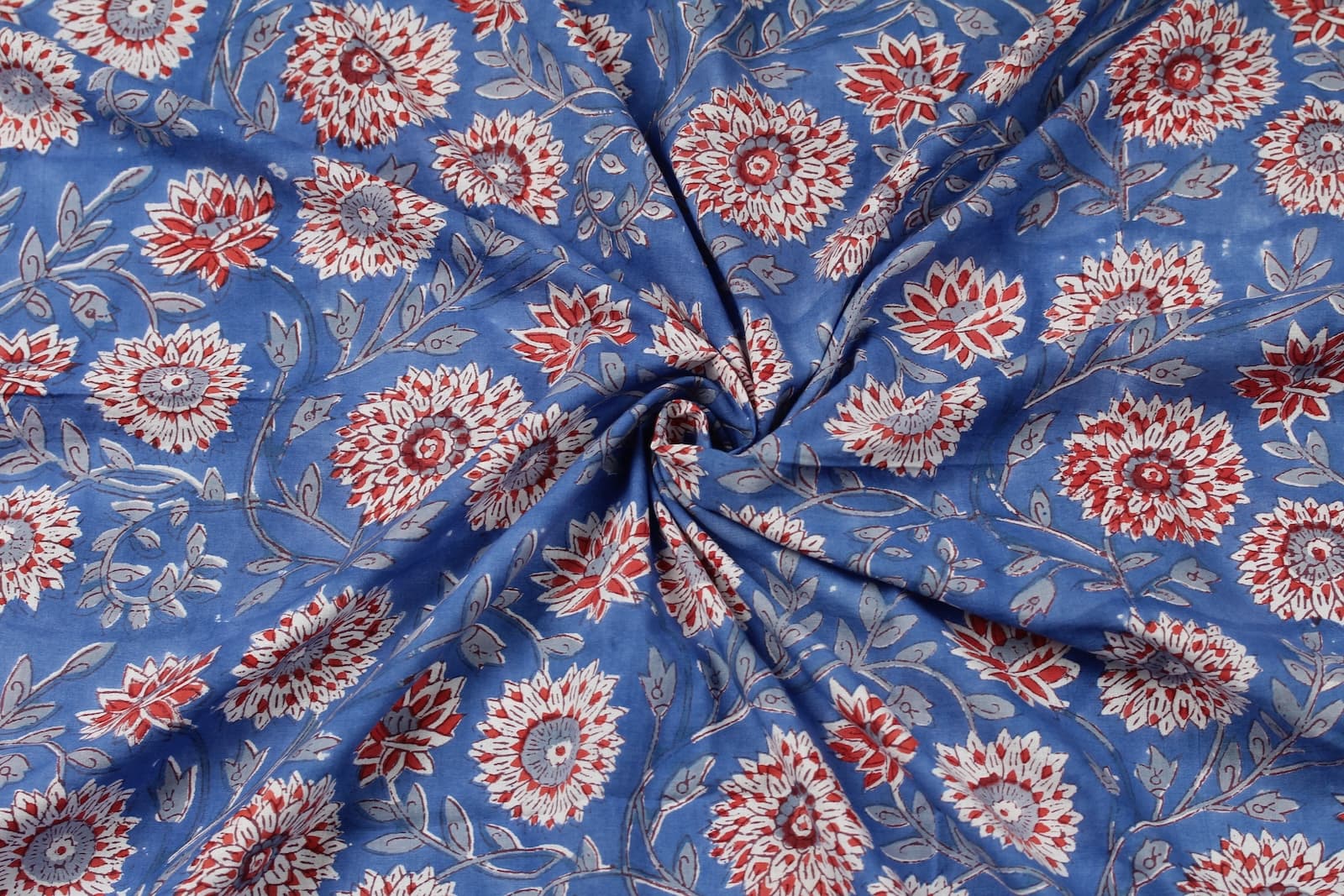 ge
Cornflower Dahlia floral block print cotton fabric gathered to display drape and texture