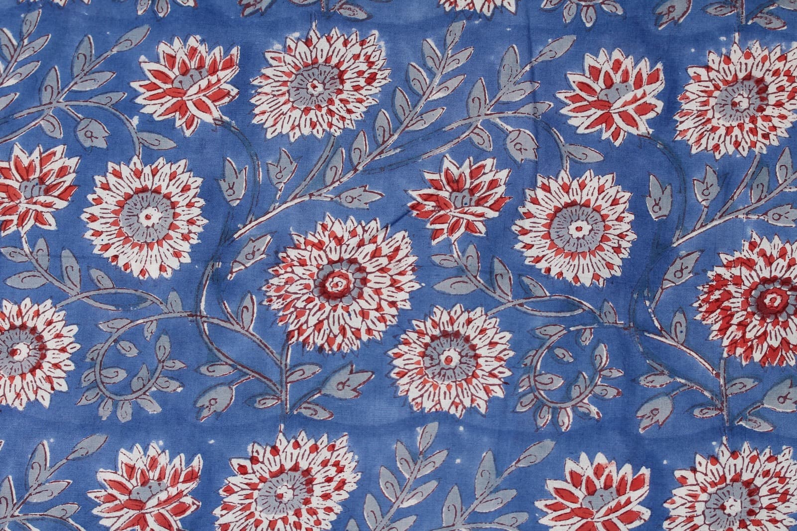 Close-up of Cornflower Dahlia block printed cotton fabric showing detailed floral motifs and trailing vine patterns