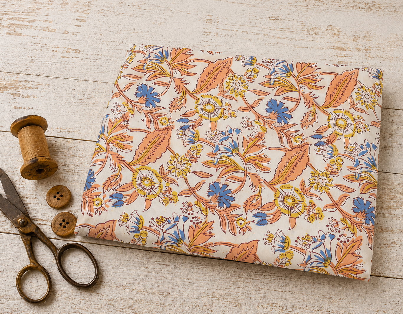 Cornflower Daisy Trail block printed cotton fabric showing floral pattern across the fabric surface