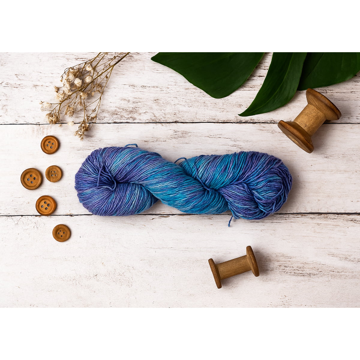 Hand-dyed Cotton Linen Yarn – Ocean Mirage shade in turquoise, lavender, and blue tones styled image