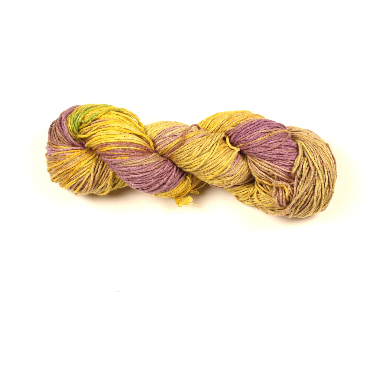 Hand-dyed Cotton Linen Yarn – “Woodland Mist” shade in brownish-purple, yellow, and green tones on white surface.