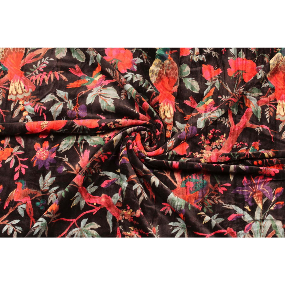 Rolled cotton velvet showing plush texture and radiating folds – black base with colorful bird design