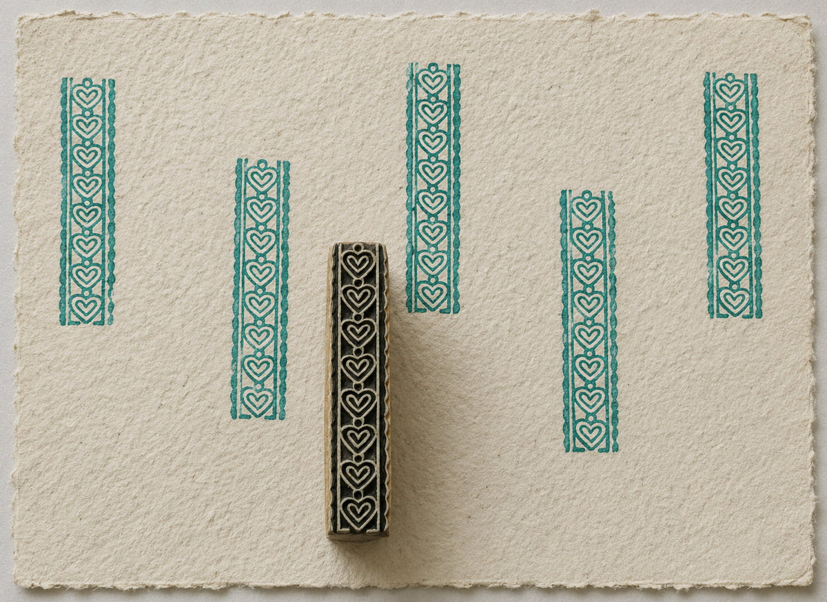 Double Heart Border wooden printing block, hand carved in India with nested hearts for fabric and textile printing