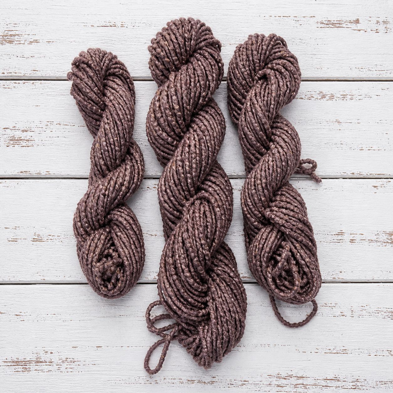 Three skeins of dusty mauve sari silk cord for jewelry making and fiber art