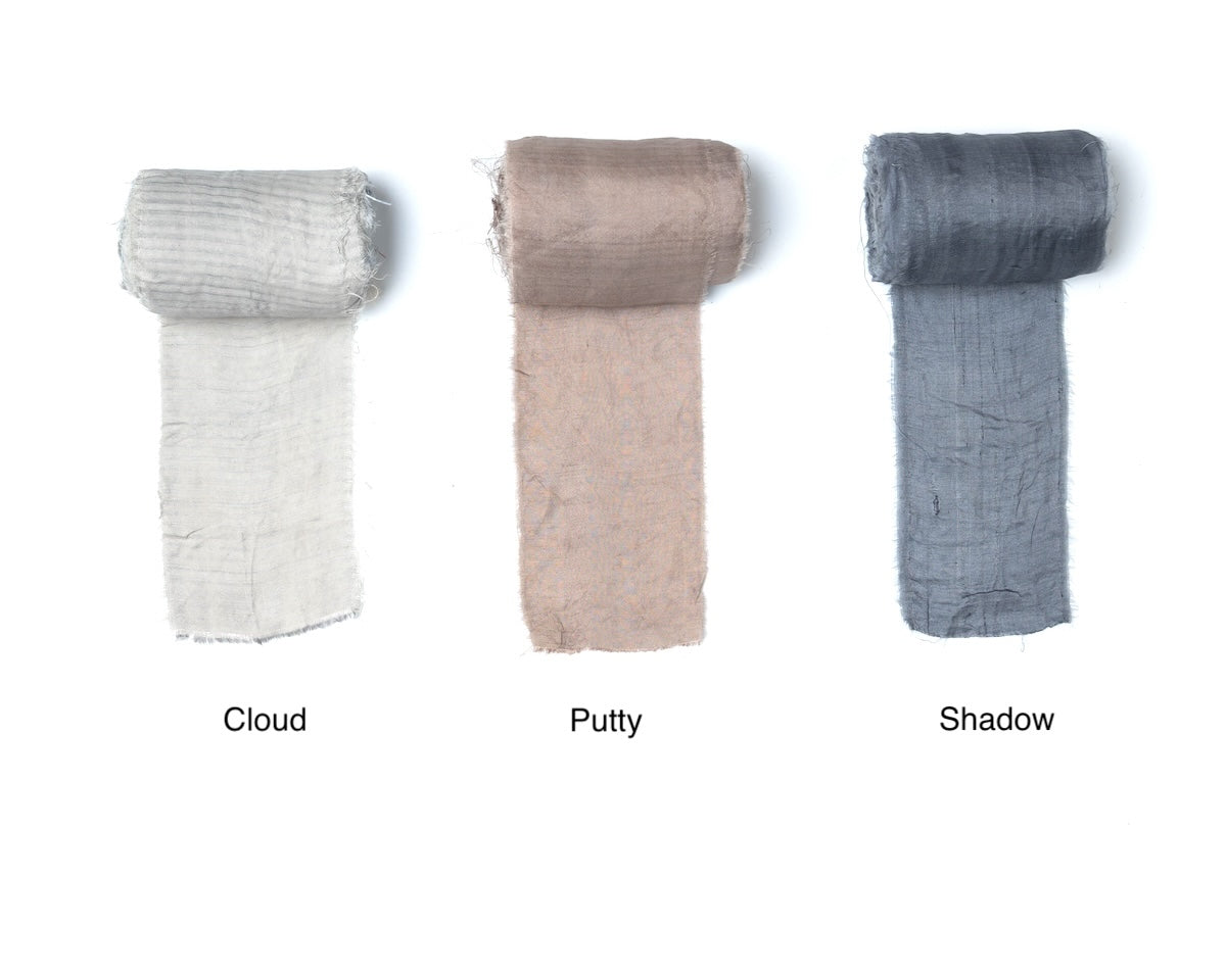 Extra wide sari silk ribbon in shades of gray , silver and brown.