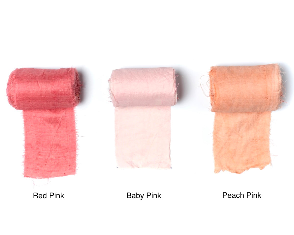 Extra wide sari silk ribbons in pink shades, red pink, baby pink, and peach pink, 4 inches wide, handmade recycled silk ribbon