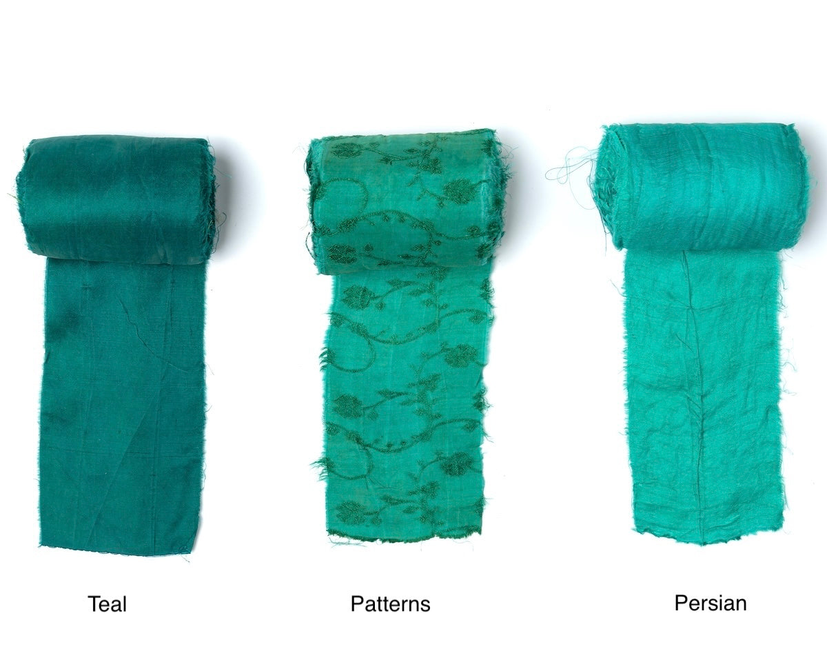 Extra wide sari silk ribbon in teal, patterned green, and solid green shades
