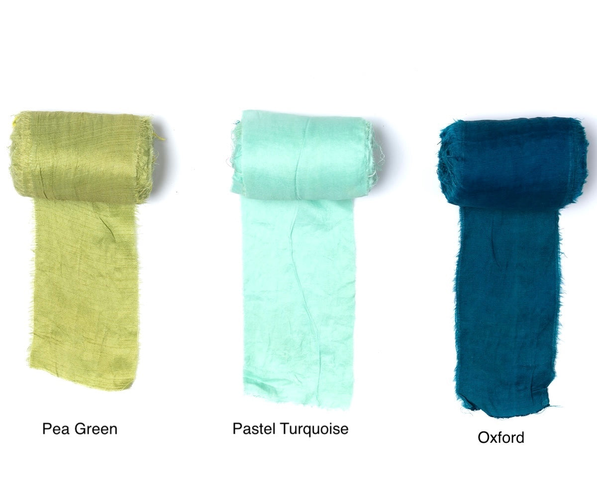 Extra wide sari silk ribbon in turquoise, pea green, and dark blue shades.