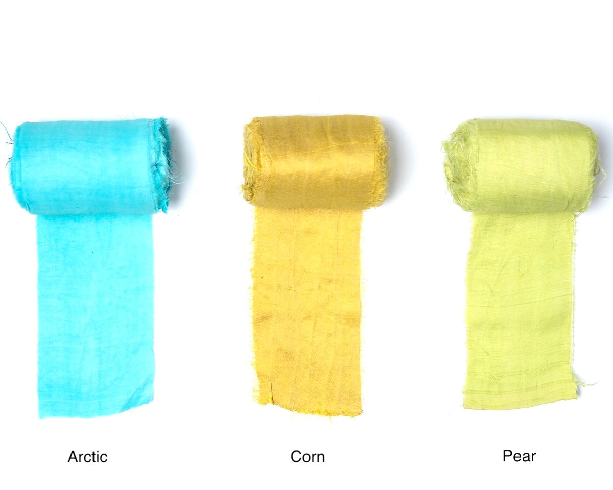 Extra wide sari silk ribbon in turquoise, yellow, and green shades.