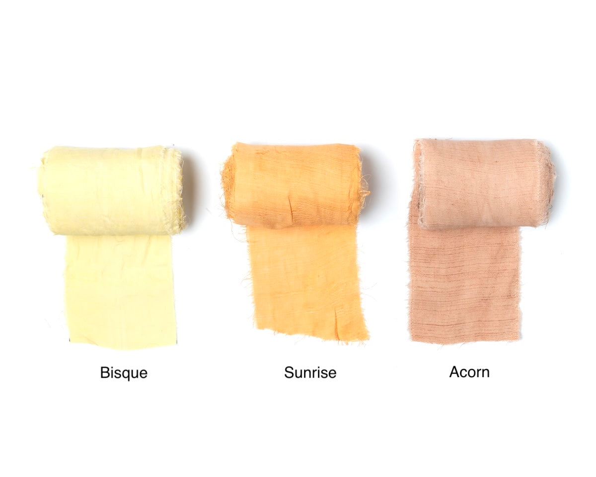 Extra wide sari silk ribbon in light yellow, golden yellow, and brown shades.
