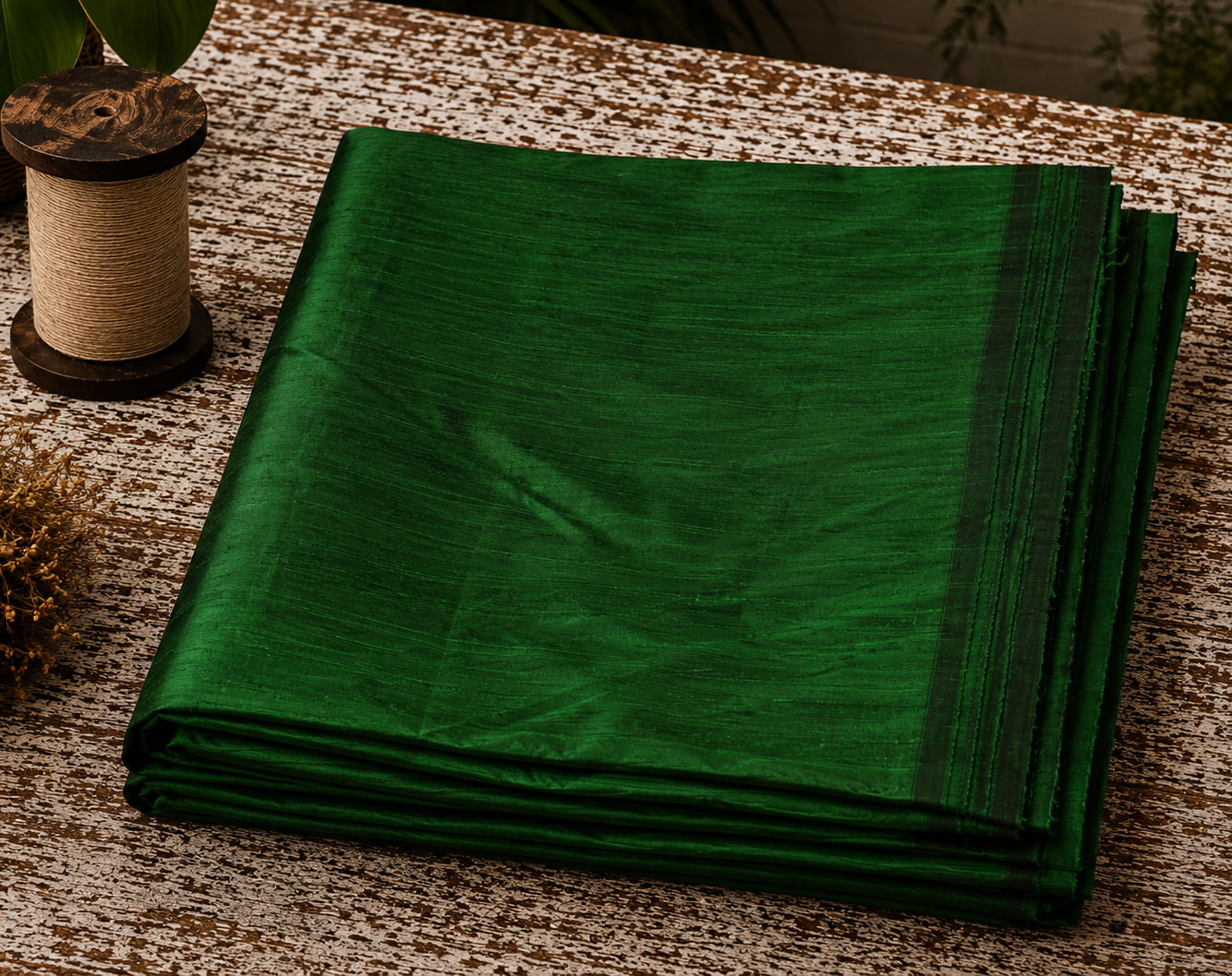 Emerald Green Dupion Silk Fabric folded to showcase its rich jewel-toned green colour, natural silk texture, and elegant lustrous sheen