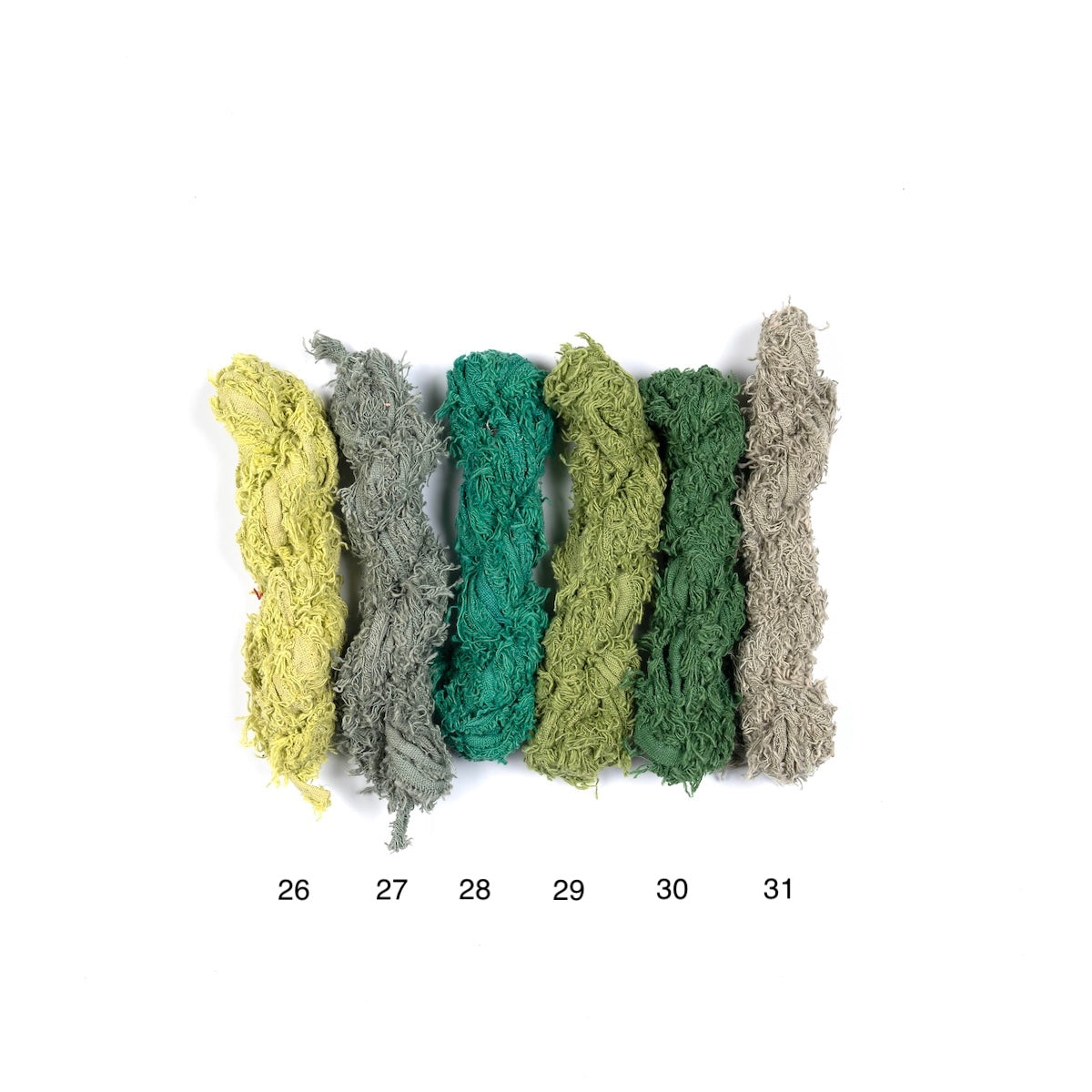 Fuzzy cotton ribbon in assorted green shades for crafting and DIY projects