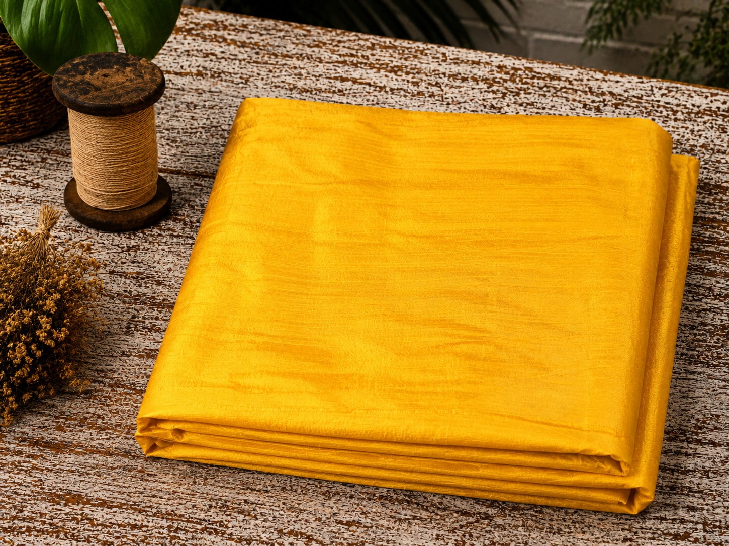 Golden Yellow Dupion Silk Fabric folded to showcase its radiant golden-yellow colour, natural silk texture, and lustrous sheen
