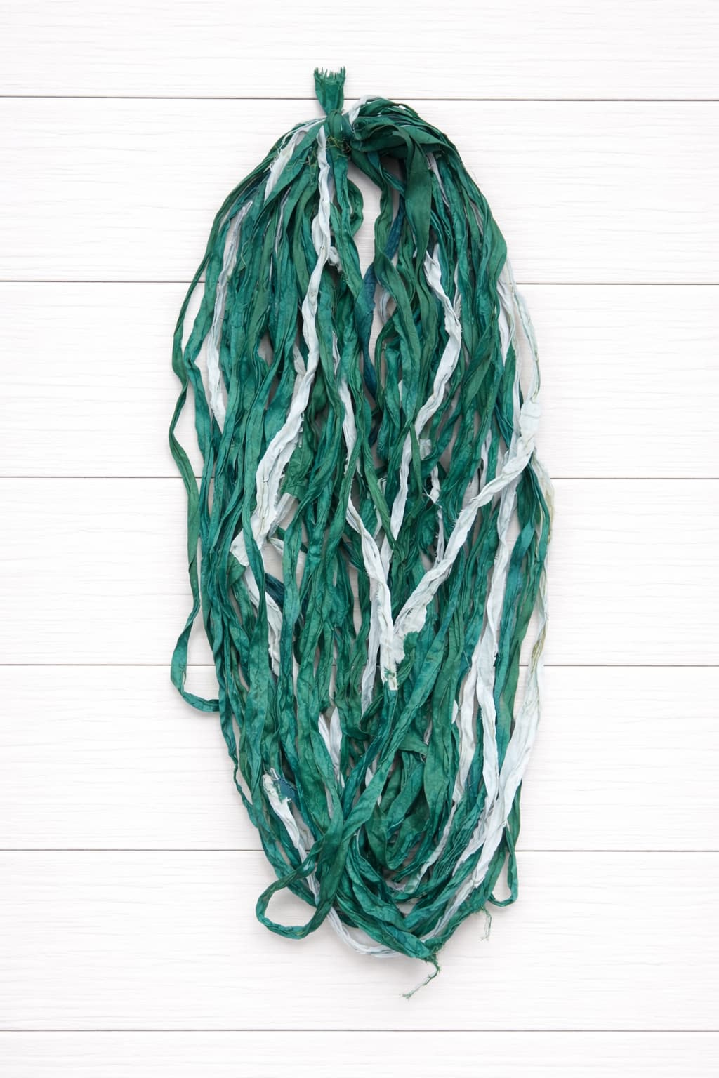 Ocean Mist sari silk ribbon strands in teal aqua and seafoam white