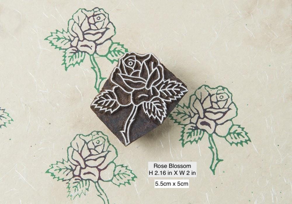Rose blossom Indian wood block stamp showing detailed floral print on fabric