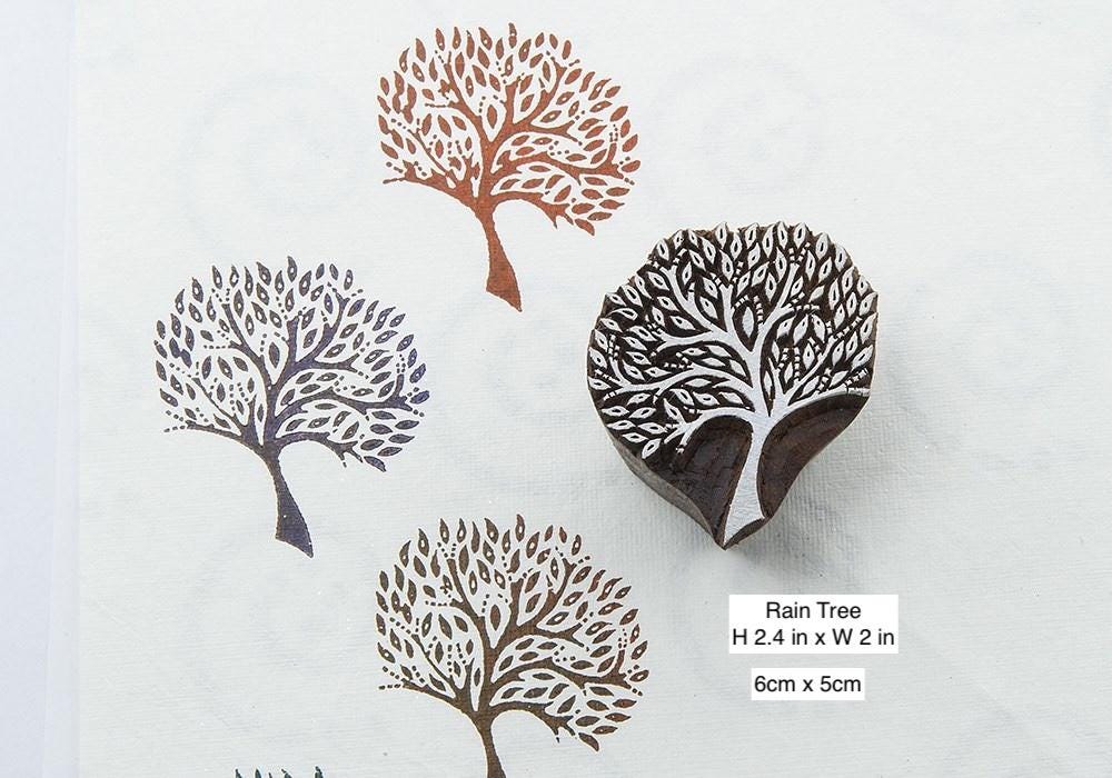 Hand Carved Tree Wood Block Stamp Set – Curl Tree, Rain Tree, Dotted Tree | Indian Wooden Printing Blocks for Fabric, Paper & Clay