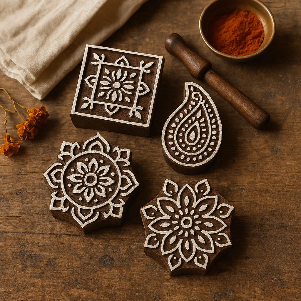 Set of hand carved Indian wooden printing blocks featuring mandala and paisley designs on rustic wooden background with textile printing tools.