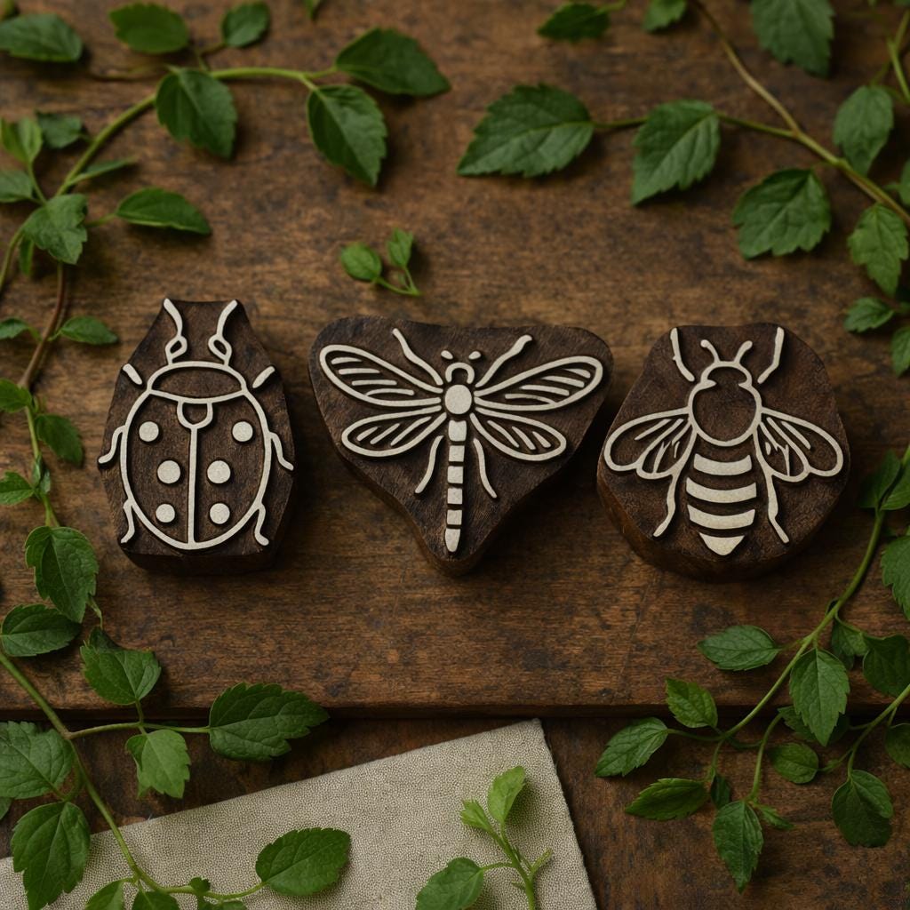 Hand carved wooden printing block set with bee dragonfly and ladybug designs displayed on rustic wood with green leaves