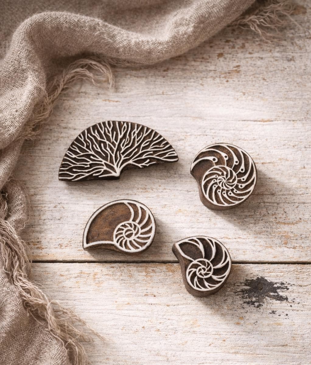 Hand carved Indian wooden printing blocks featuring nautilus shell and coral sea life designs, arranged on a white background.