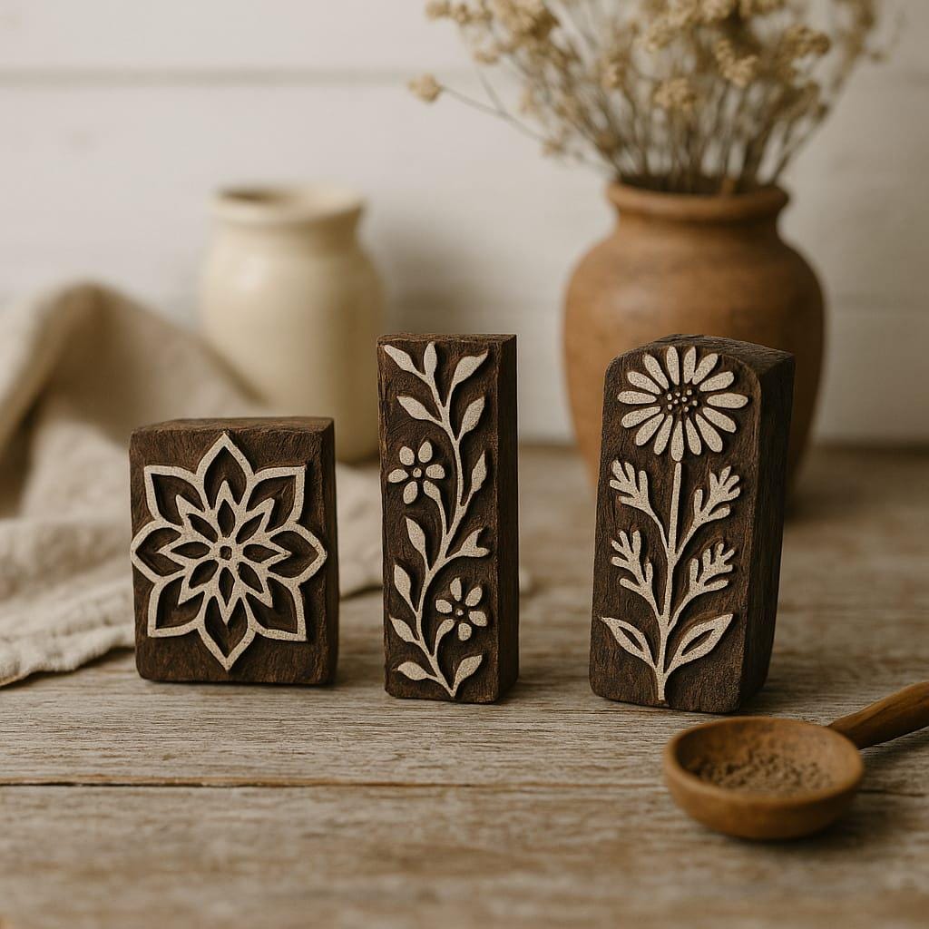 Set of three hand carved Indian wooden block printing stamps with floral and botanical designs on rustic wooden surface.