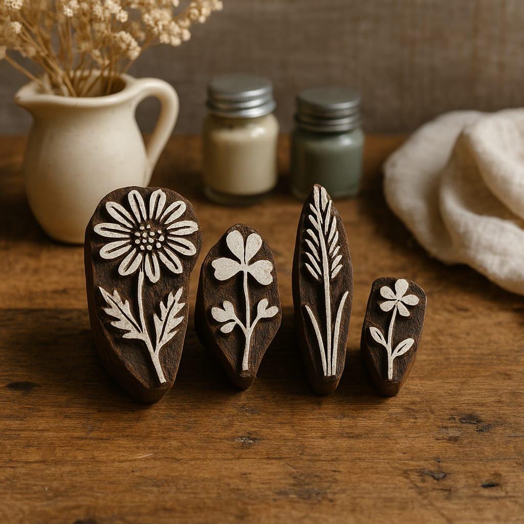 Set of four hand carved wooden floral block printing stamps displayed on rustic wooden table with ceramic vase and linen cloth.