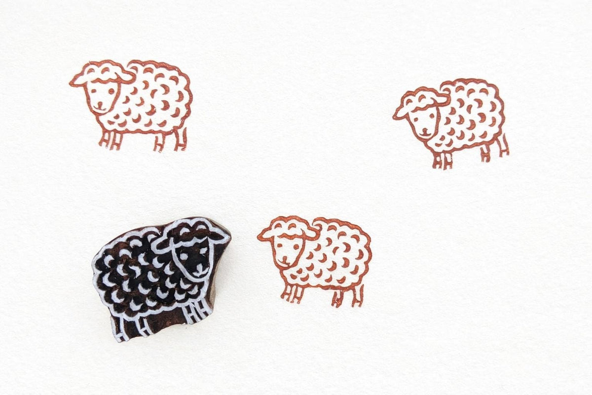 Hand carved sheep wooden block printing stamp for textile printing, clay stamping and pottery decoration.