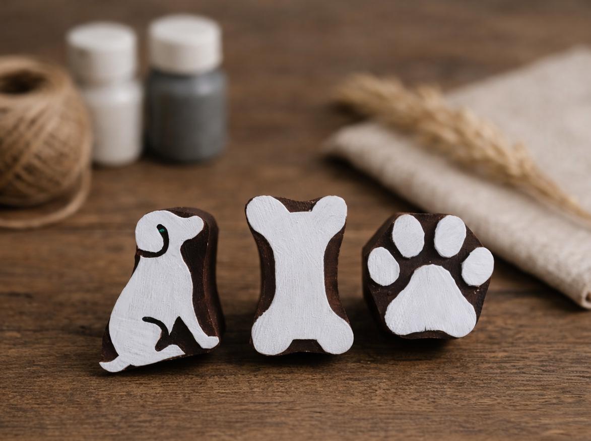 Wooden block printing stamps dog set including dog bone and paw design Indian wood stamps for fabric textile and clay printing