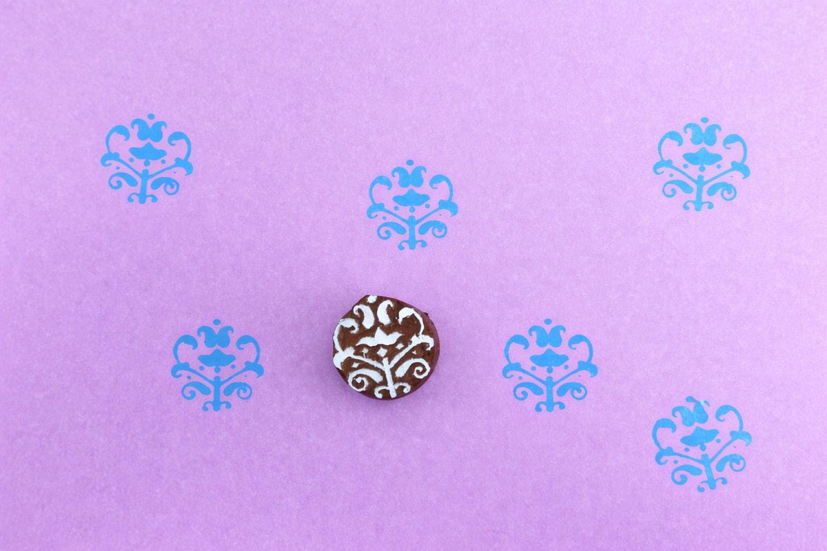 Hand carved wooden printing stamp with ornamental floral damask design for fabric printing, textile patterns, and clay pottery