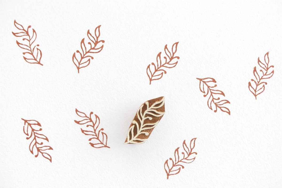 Botanical Vine Block wooden printing stamp used on fabric showing repeating leaf pattern textile print