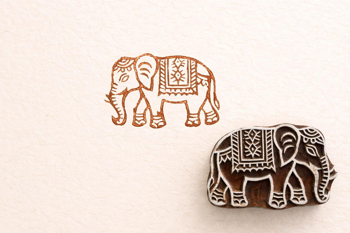 Elephant Indian printing block used on fabric showing detailed textile print hand carved wooden stamp
