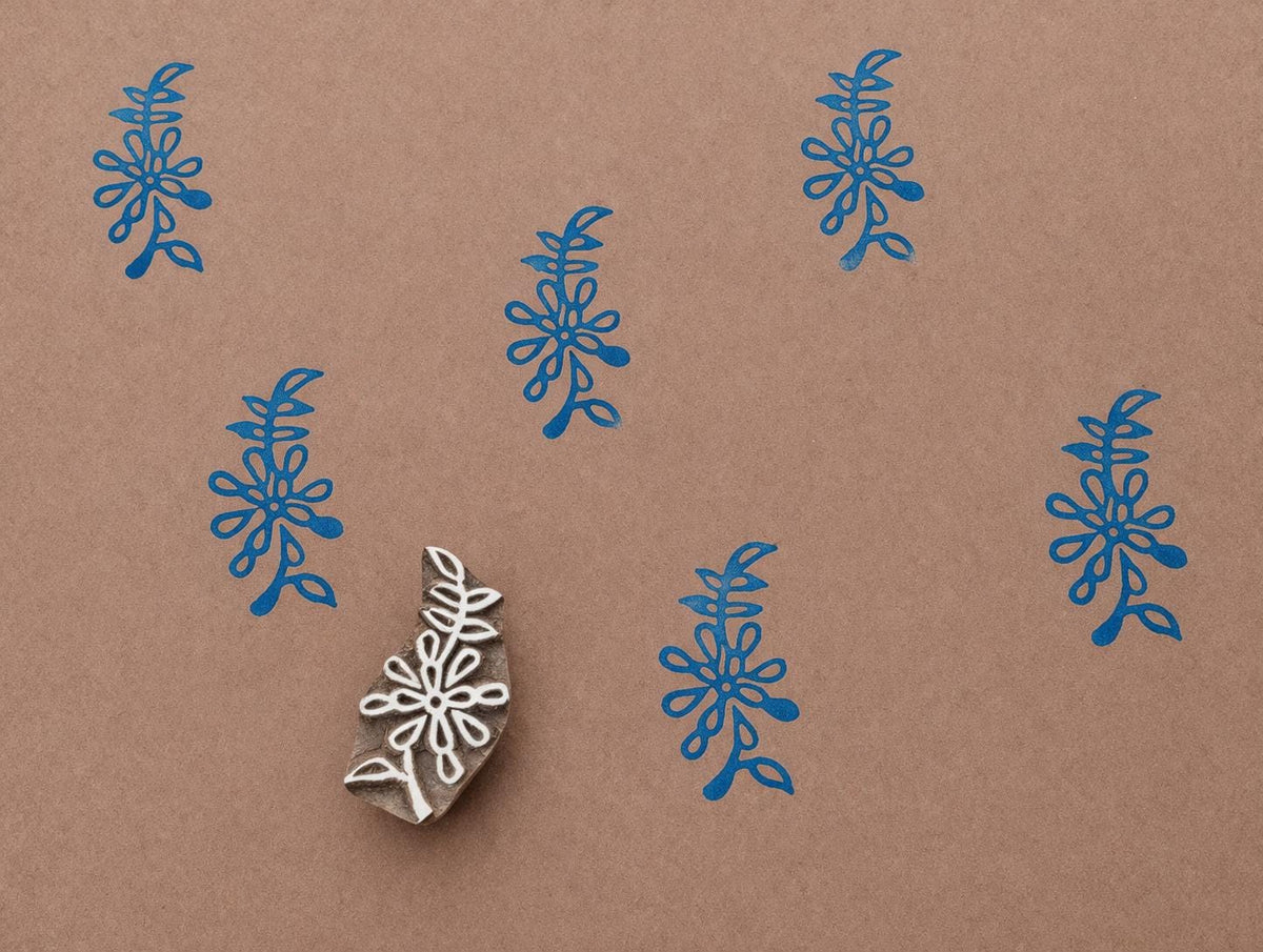 Wooden block printing stamp with leaf sprig botanical design for fabric printing