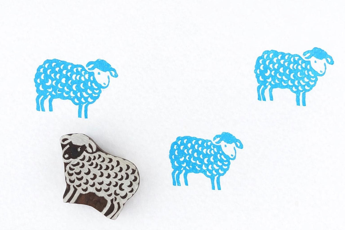 Hand carved wooden printing stamp with sheep design for fabric printing, farmhouse textile patterns, and clay pottery