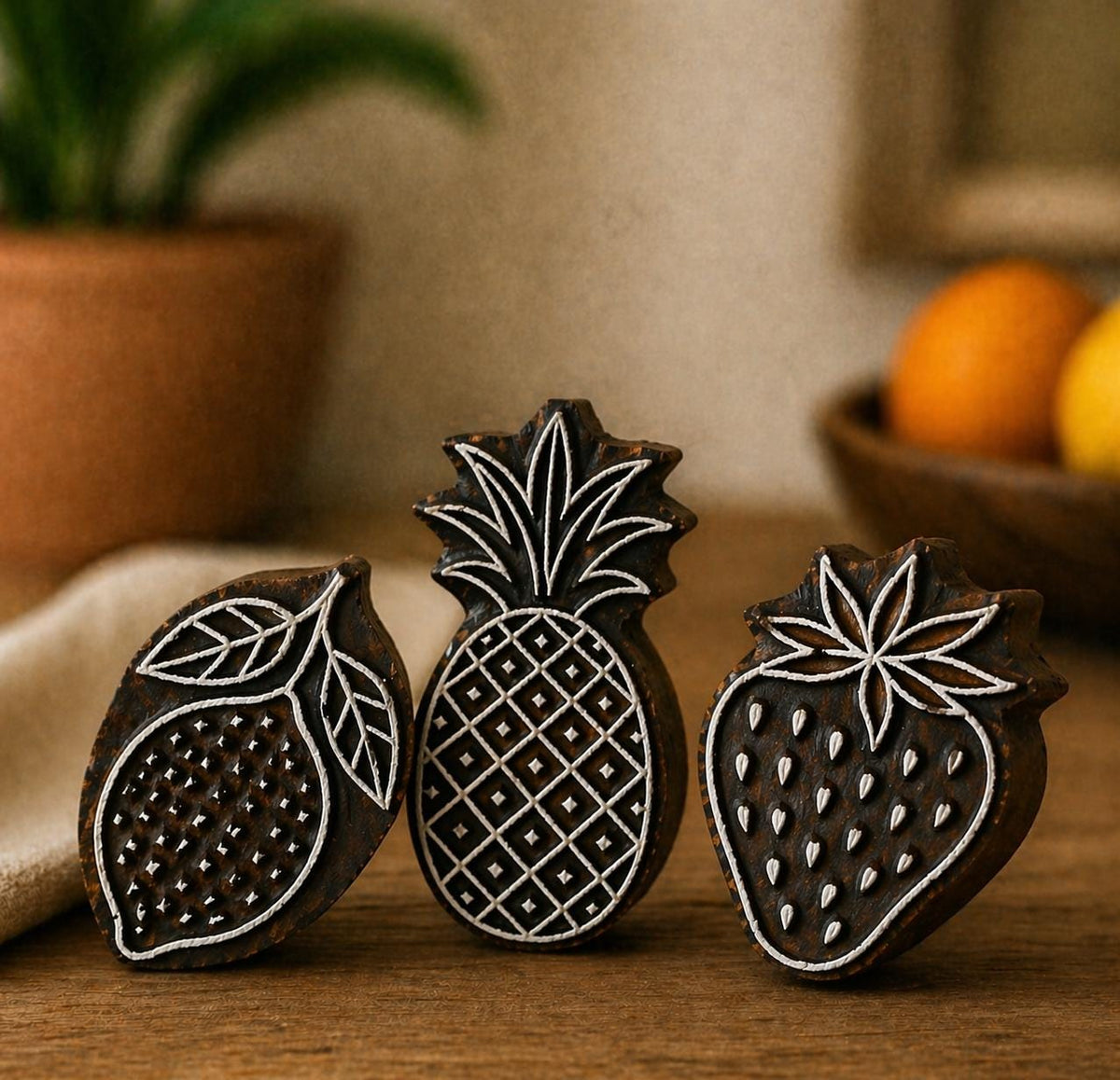 Hand carved wooden printing block set with lemon pineapple and strawberry stamps on rustic wooden surface