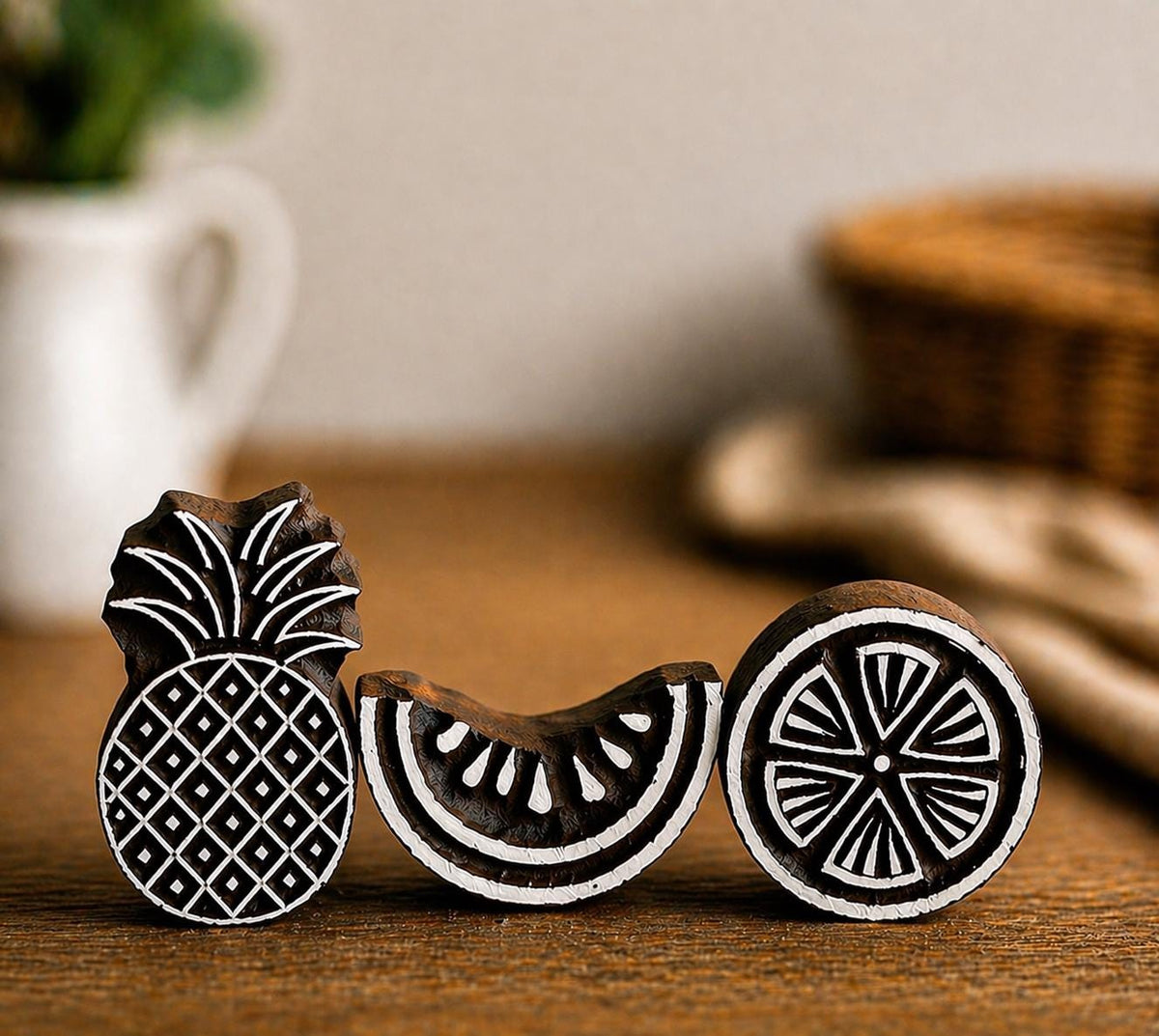 Tropical Fruit Stamp Set – Pineapple, Watermelon & Citrus Wooden Printing Blocks for Fabric, Textile, Craft Printing