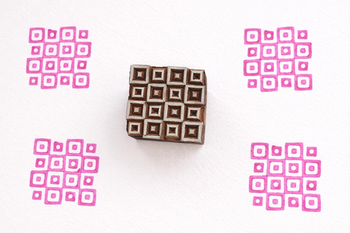 Retro Square Grid Wooden Printing Block, Mid Century Geometric Pattern for Fabric & Textile Printing, Modern Craft Stamp