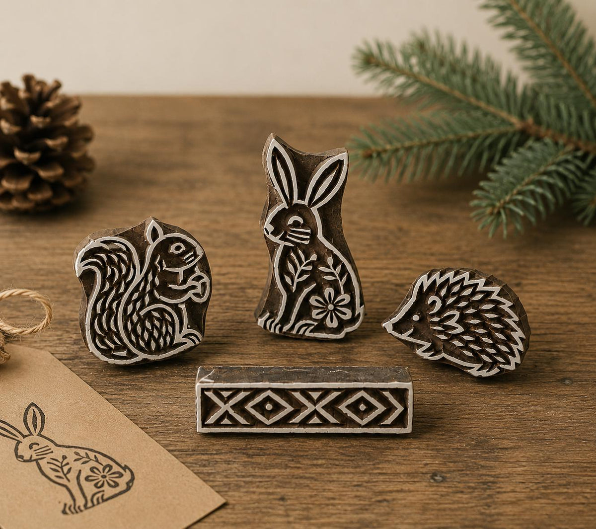 Hand carved folk animal block stamp set featuring rabbit squirrel hedgehog and geometric border printing blocks on wooden table