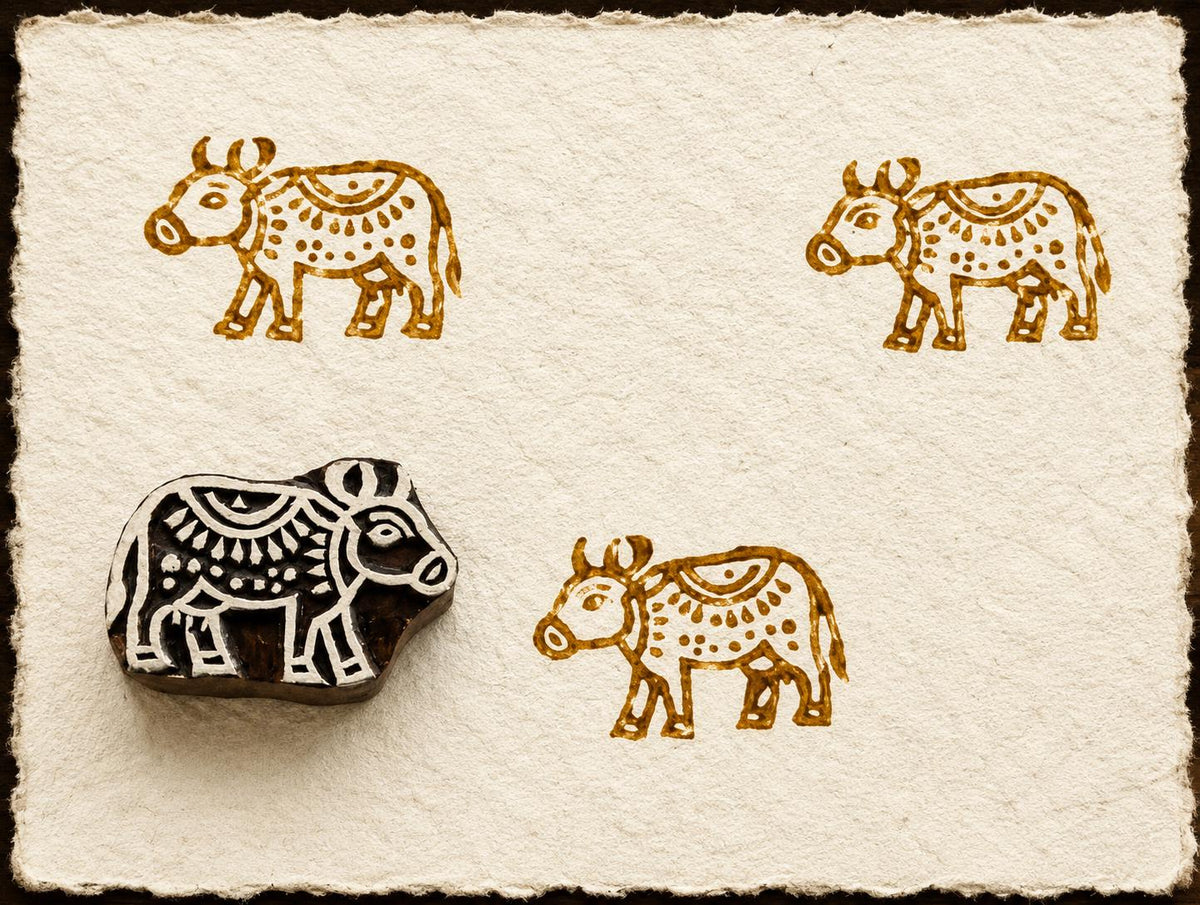 Hand-carved wooden printing block stamp featuring a decorative folk cattle design with ornamental patterns, shown stamped in ochre ink on handmade paper.