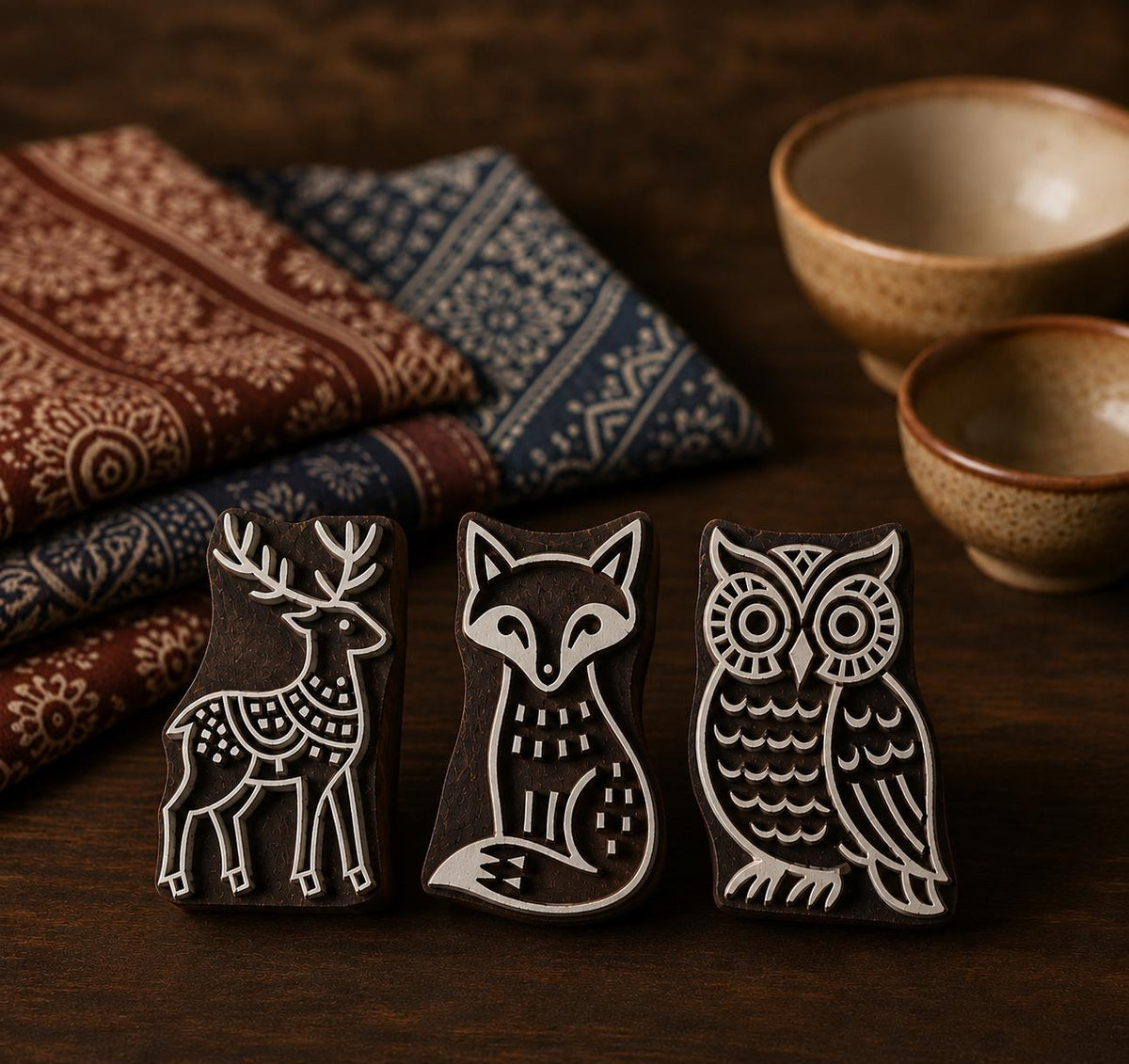 Three hand-carved wooden printing blocks featuring a deer, fox, and owl displayed together on a rustic wooden surface with folded textiles in the background.